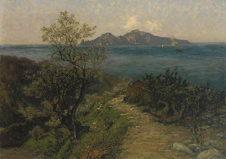 Julius Ludwig Friedrich Runge Sudliche Kustenlandschaft. Blick von der Hohe auf Insel an einem Sonnentag oil painting picture